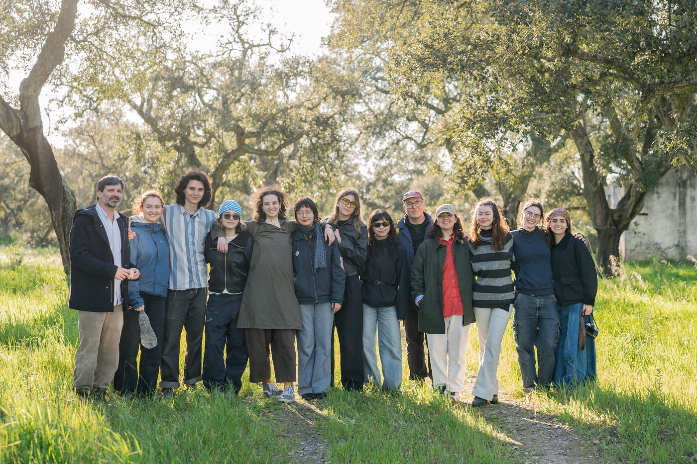 Group photo of Parsons students in the Rio Frio cork oak landscape, Amorim