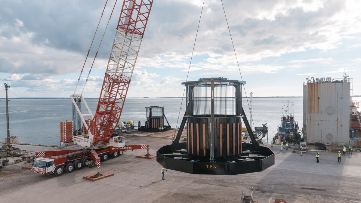 Aerial drone view of the crawler crane on the quay with Etermar steel structures, Sado river