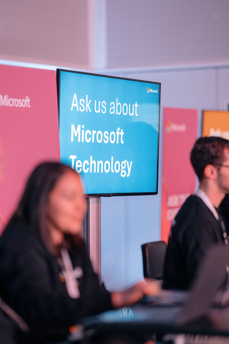Filming a video interview for a client testimonial at the Microsoft AI Tour, Lisbon