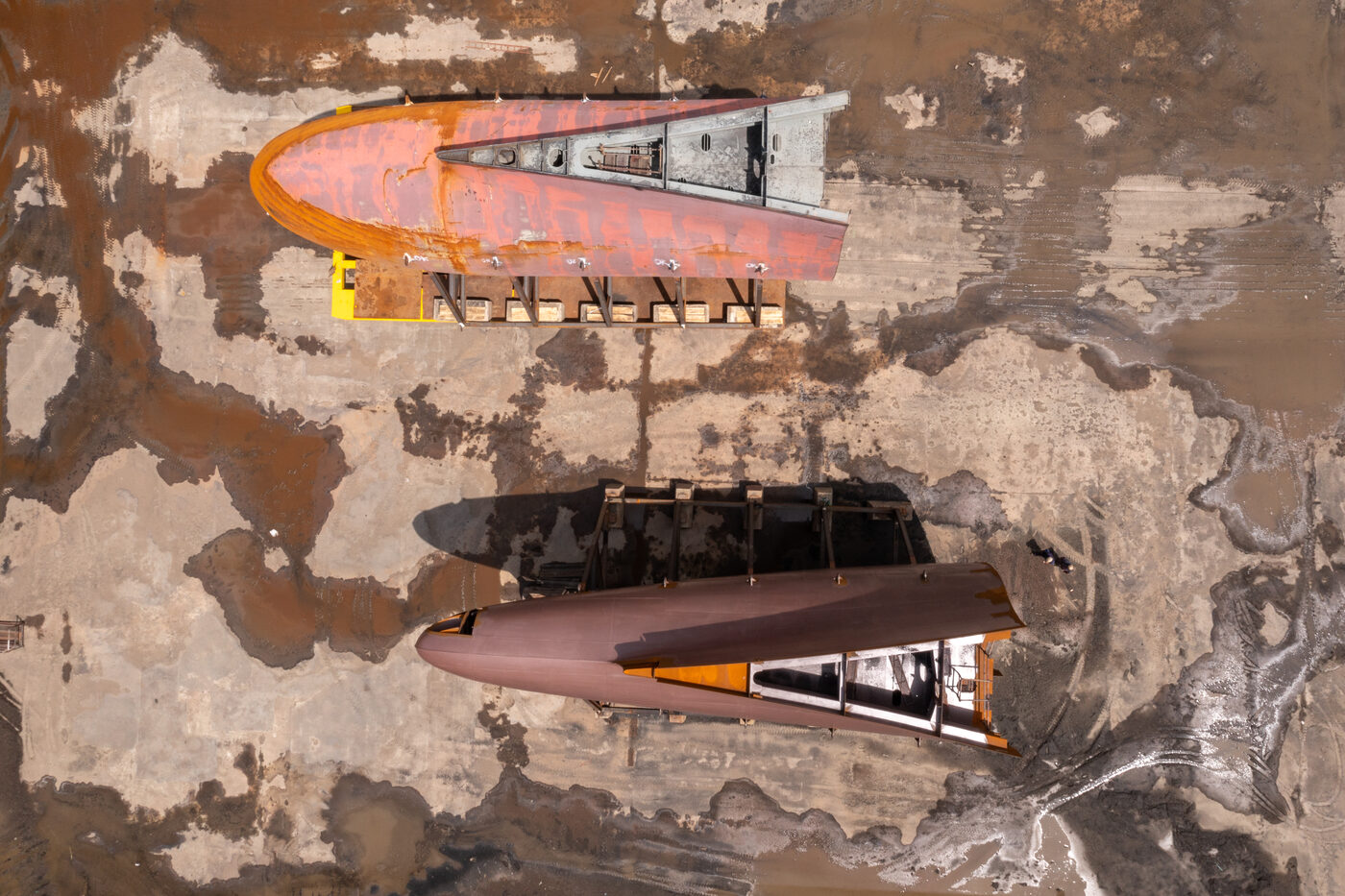 Aerial drone view of the new bulbous bow in dry dock during the retrofit at Lisnave, Setúbal