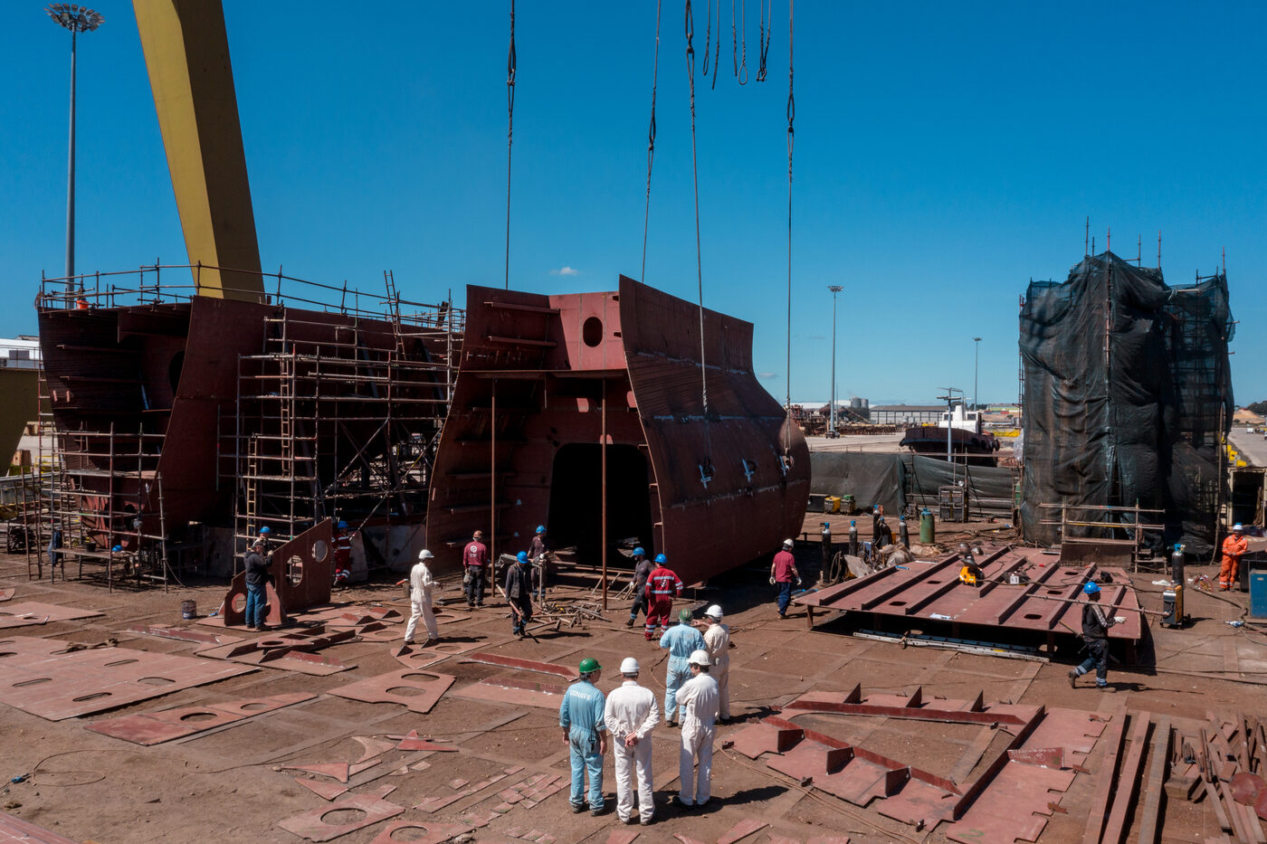 Aerial view of the Lisnave shipyard in Setúbal, Sado river, during the bulbous bow retrofit programme
