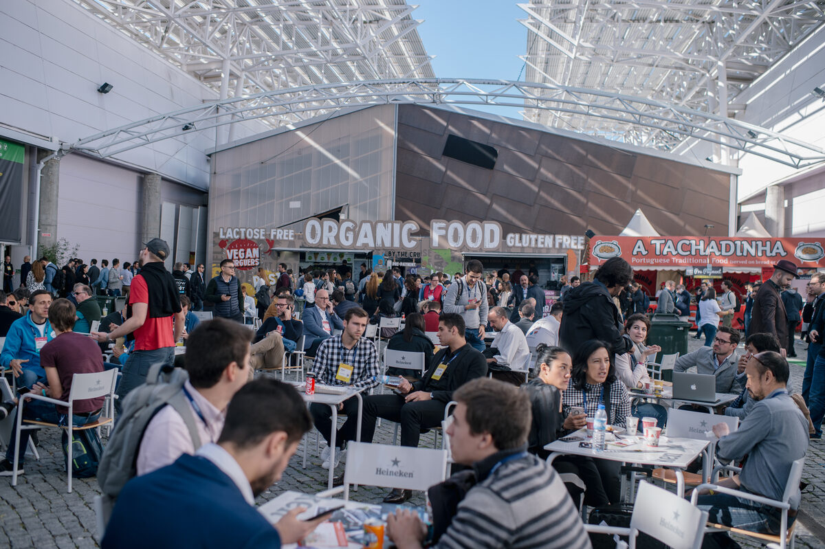 Crowd of visitors in a food area of Web Summit in Lisbon